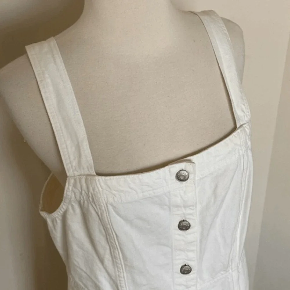 Madewell Square Neck Button-Front Denim Mini‎ Dress 14 White Sleeveless Pockets